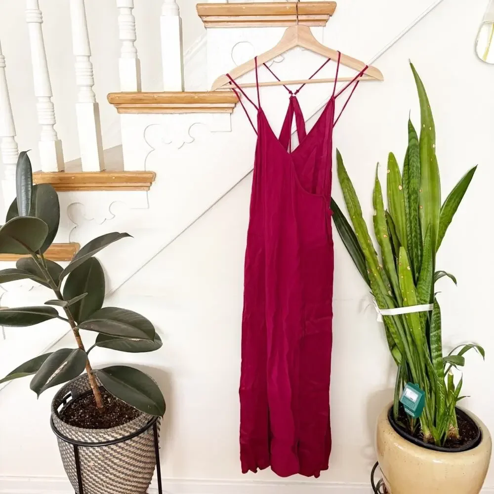 Free People Reiko Slip Dress Strappy Open Back Surplice Pink Midi Size XS